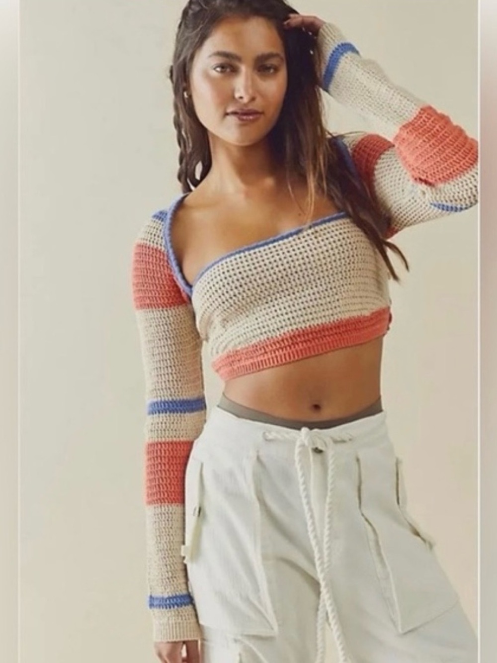 Free People FB Beach Love Me Long-Sleeve Fauxchet Striped Sweater Top Sz Small